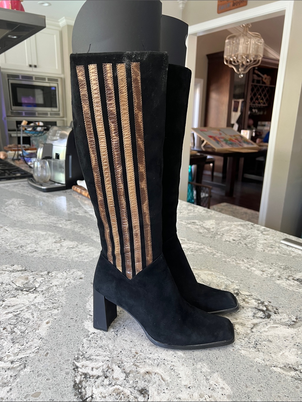 Vtg Carlos Falchi Elegant Suede Knee High Boots Gold Stripe 38 Us 7.5 Euc